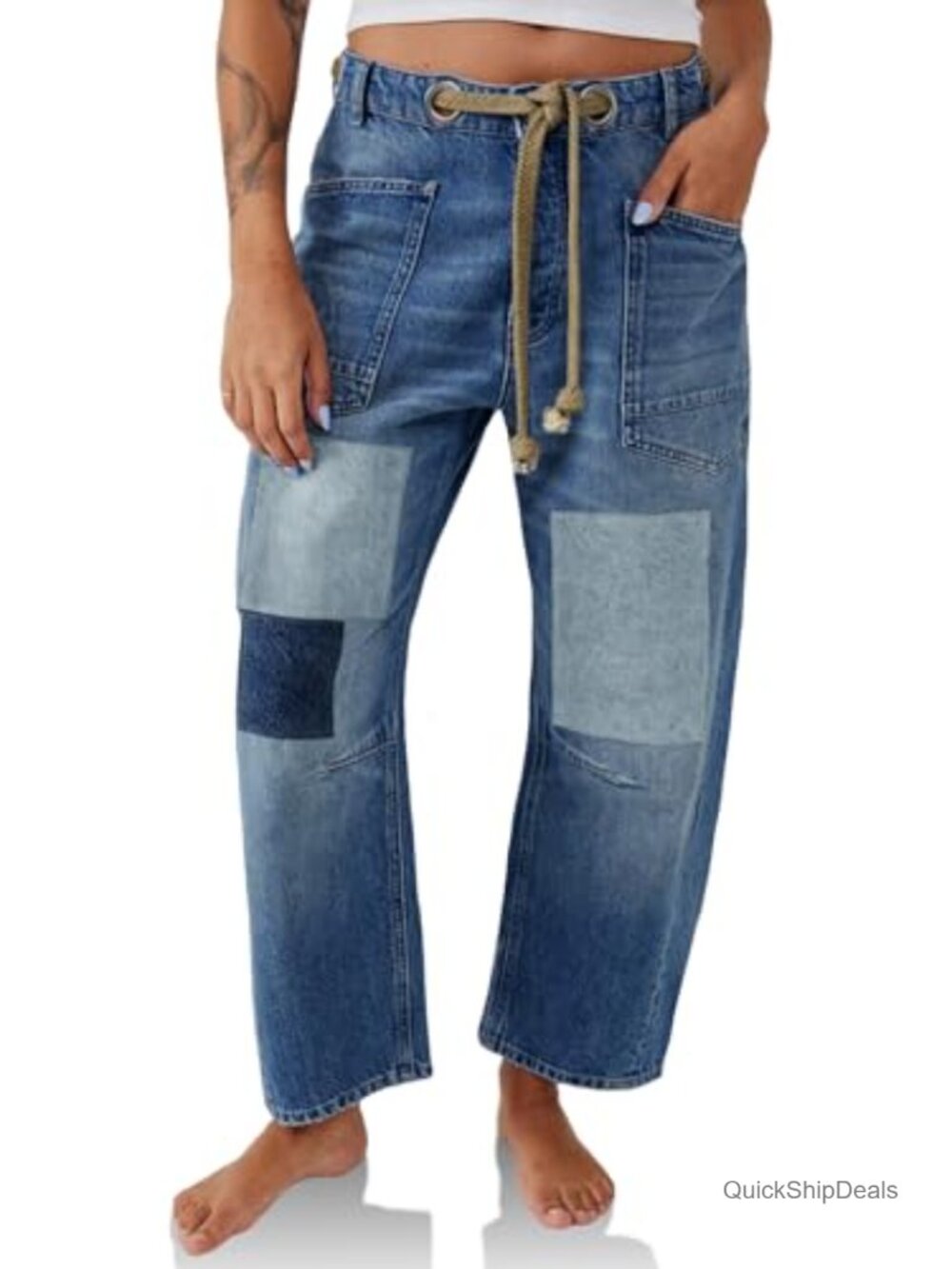 Women's Baggy Barrel Horseshoe Jeans Wide Leg Patchwork Low Rise Denim Pants